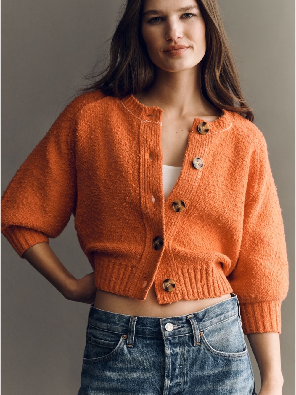 ANTHROPOLOGIE PILCRO Textured Crop Cardigan Sweater in Koi Coral Orange Medium